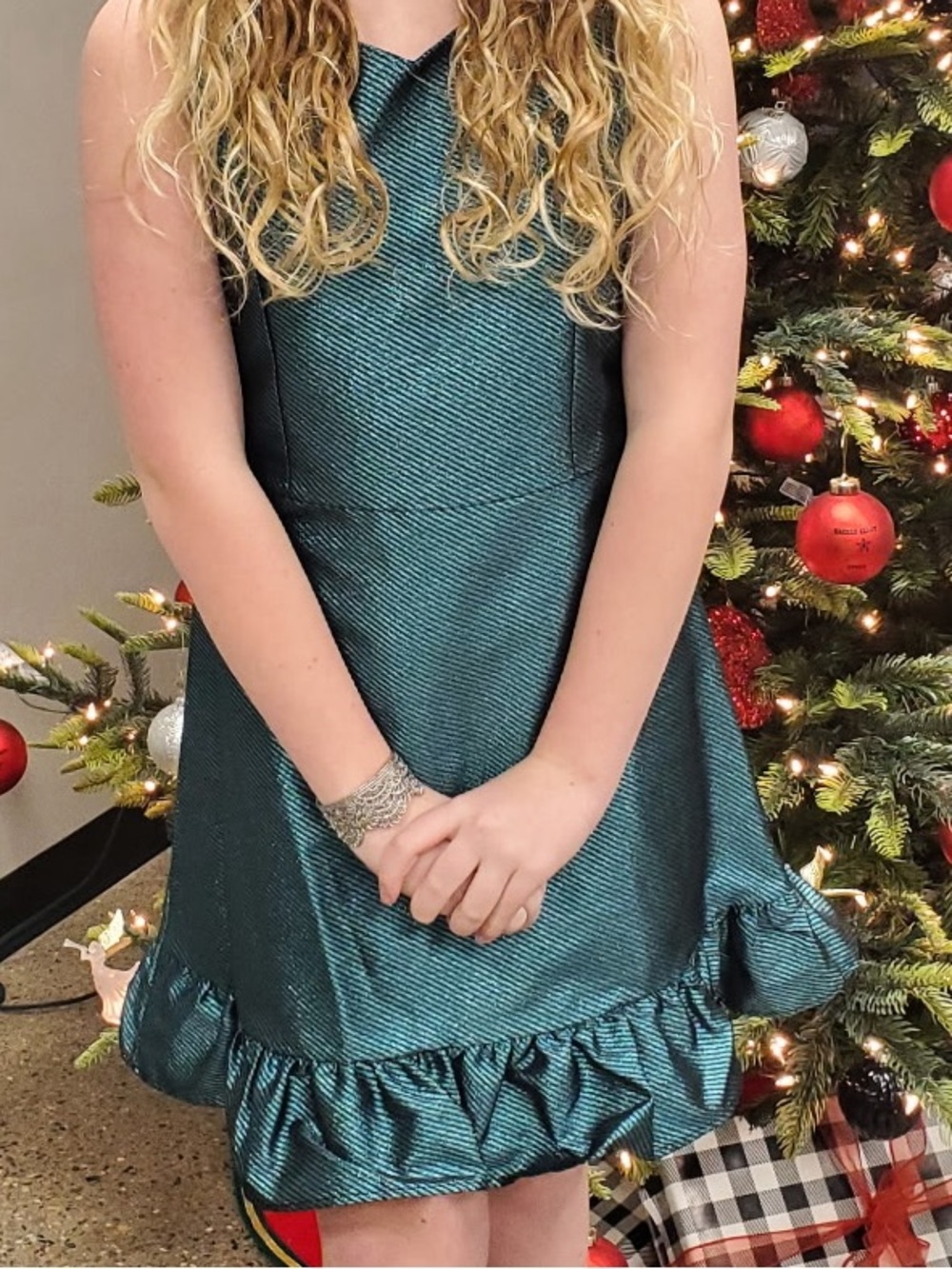 Pippa & Julie Teal Green Textured Ruffle Hem Girls Dress